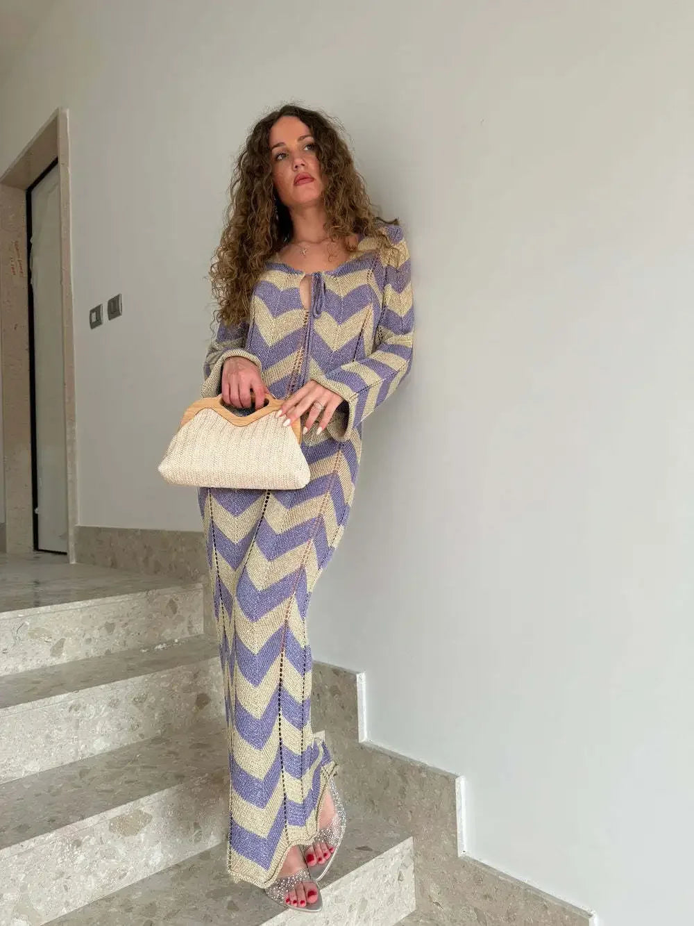 DSMTRC Women's Stripled Long Sleeve Slim Elegant Knitted Maxi Dress V Neck Autumn New Lace Up Hollow Sexy Beach Cover Up Dress