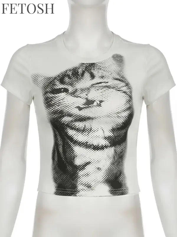 Harajuku Animal Print Crop Top Basic White Short Sleeve Crewneck T-shirt Women Casual Slim-fitting Tees Lady y2k Vintage