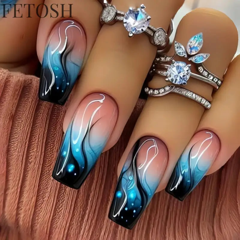 24Pcs Dark Blue Glossy Press on Nails Square False Nail with Glue Color Blending Acrylic Fake Nails Wearable Full Cover Nail Tip