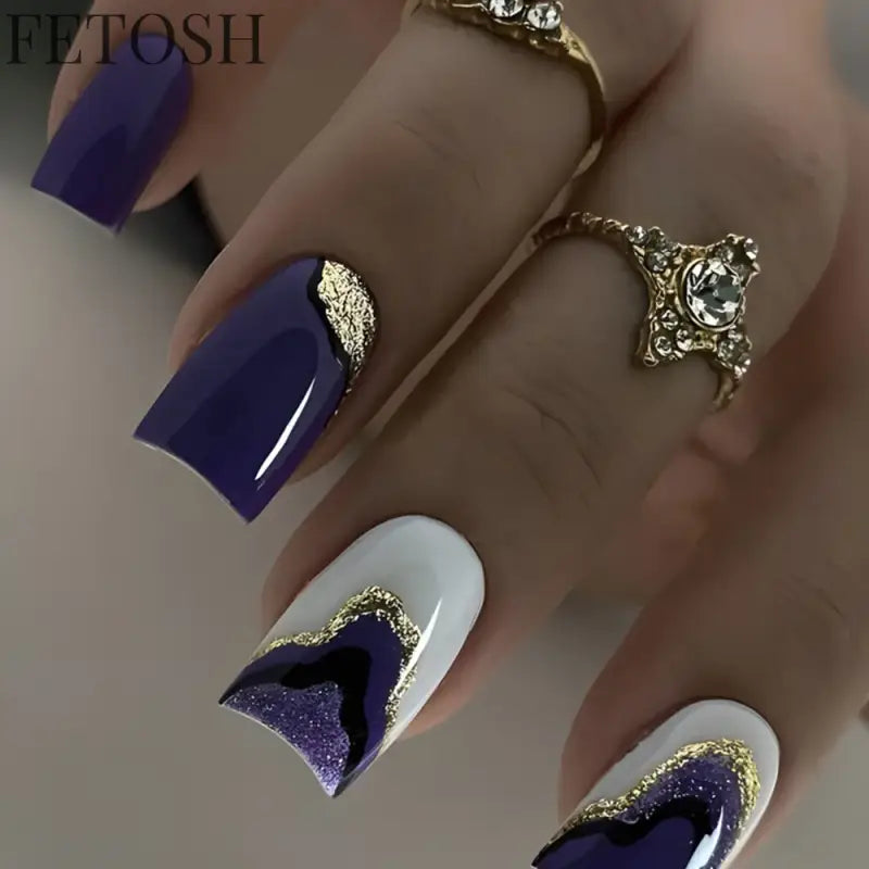 24Pcs Glossy Square Fake Nails Set Gold Powder Full Cover French False Nails Glitter Vintage Press on Acrylic Nail Manicure Tips