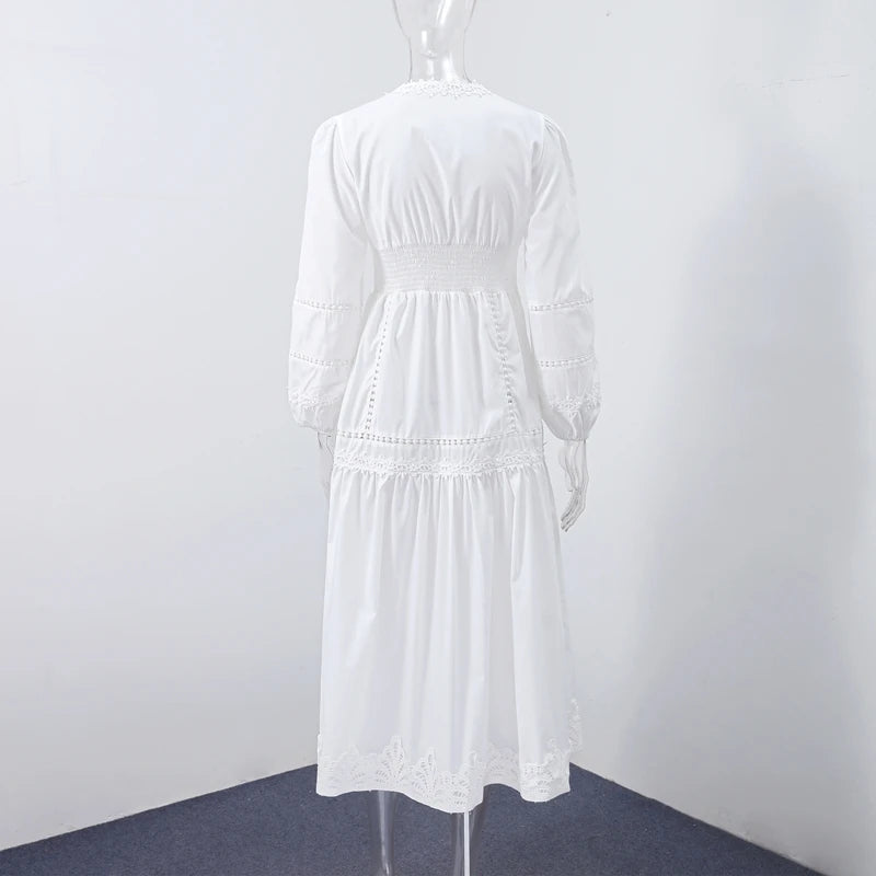 Casual Hollow Out Embroidery Pleated Long Dress Women V-neck Lantern Sleeve Single Breasted Dresses 2025 Summer Lady Chic Robes