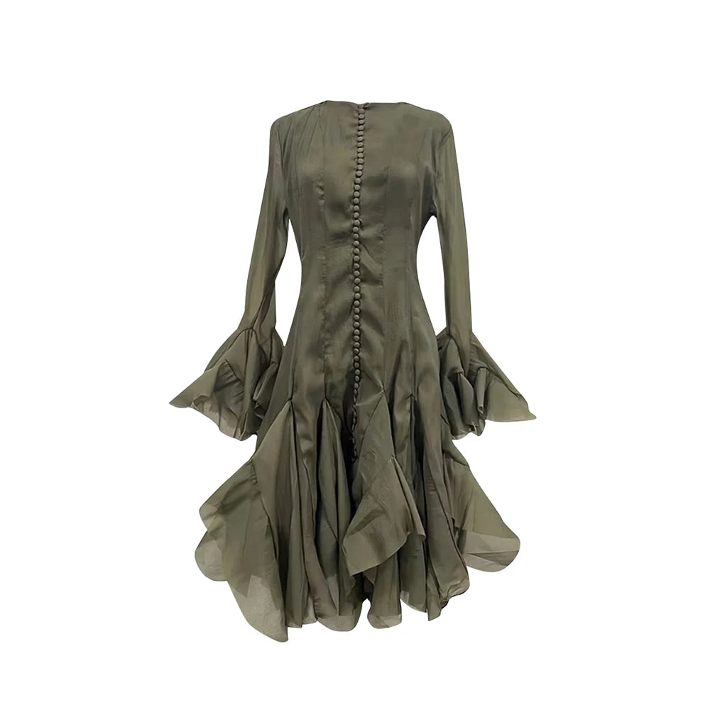 VGH Sweet Ruffles Elegant Knee Length Dresses for Women Round Neck Flare Sleeve High Waist Spliced Button A Line Dress Female