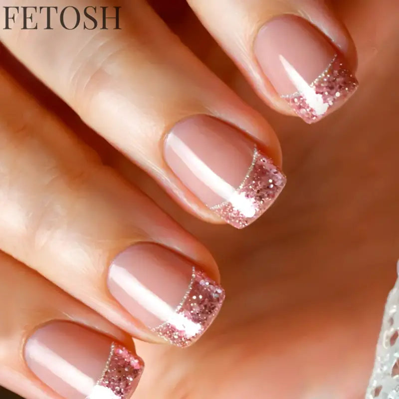 24Pcs Glossy Square Fake Nails Set Gold Powder Full Cover French False Nails Glitter Vintage Press on Acrylic Nail Manicure Tips