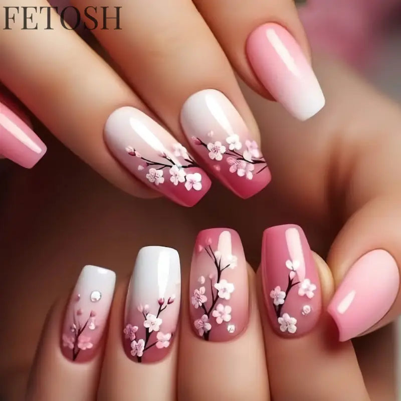 24Pcs Sweet Countryside Flowers False Nails Coffin with Jelly Glue Simple Flower Butterfly French Short Removable Wearable Nails