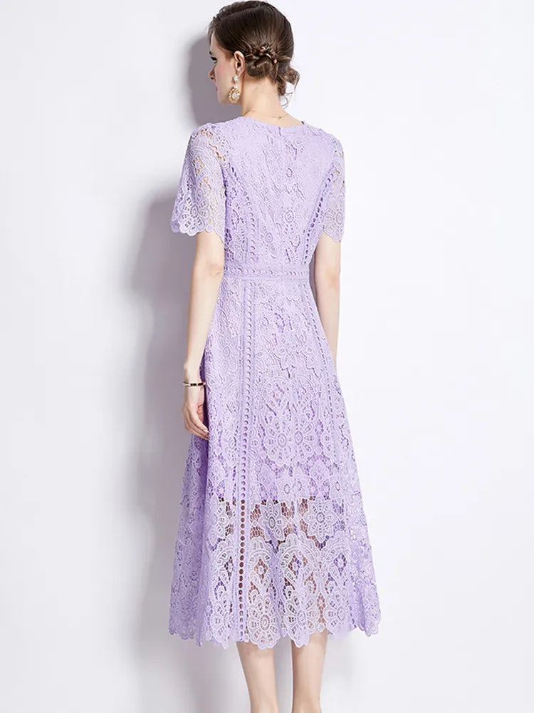 JAMERARY Vintage Holiday Lace Hollow Out Prom Dress For Women's Summer Slim Elegant Short Sleeve Long Dress Female Clothing