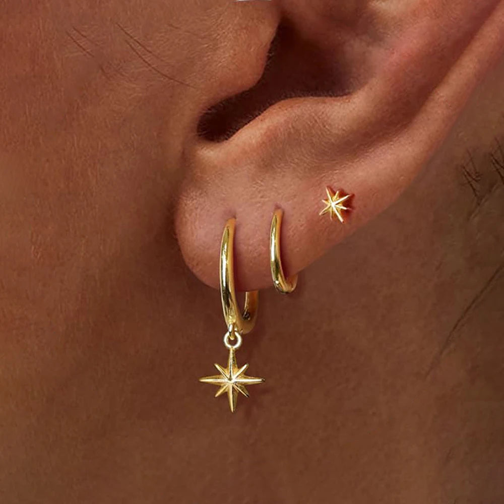 3 Piece Fashion Stainless Steel Round Star Drop Earrings Set for Women 18K Gold Plated Dangle Earring Punk Unisex Rock Jewelry