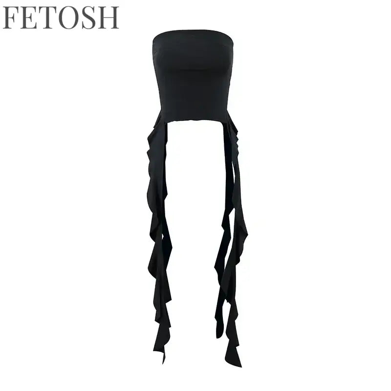 Y2k Tank Tops Asymmetrical Fringed Ruffle Top Streetwear Black Strapless Womans Summer Clothes Tank Top Women 2025