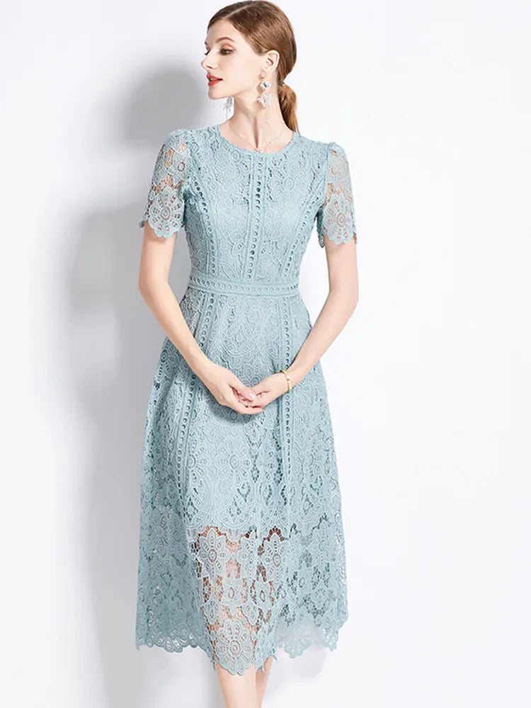 JAMERARY Vintage Holiday Lace Hollow Out Prom Dress For Women's Summer Slim Elegant Short Sleeve Long Dress Female Clothing
