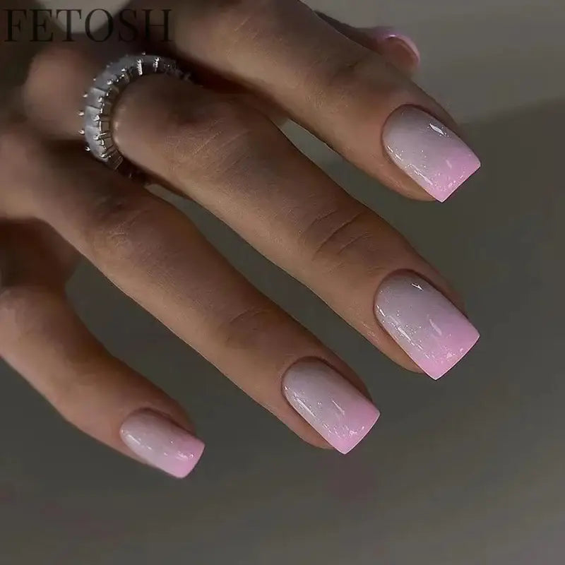 24Pcs Shiny Pearl Wearable False Nails Short Square Fake Nail Simple Summer Press on Nails Detachable Full Cover Nail Tips