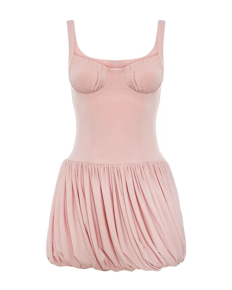 Absobe Women's Spaghetti Strap Puffy Mini Dress Backless V-neck Solid Slim Pleated Bud A-Line Short Dress Birthday Partywear