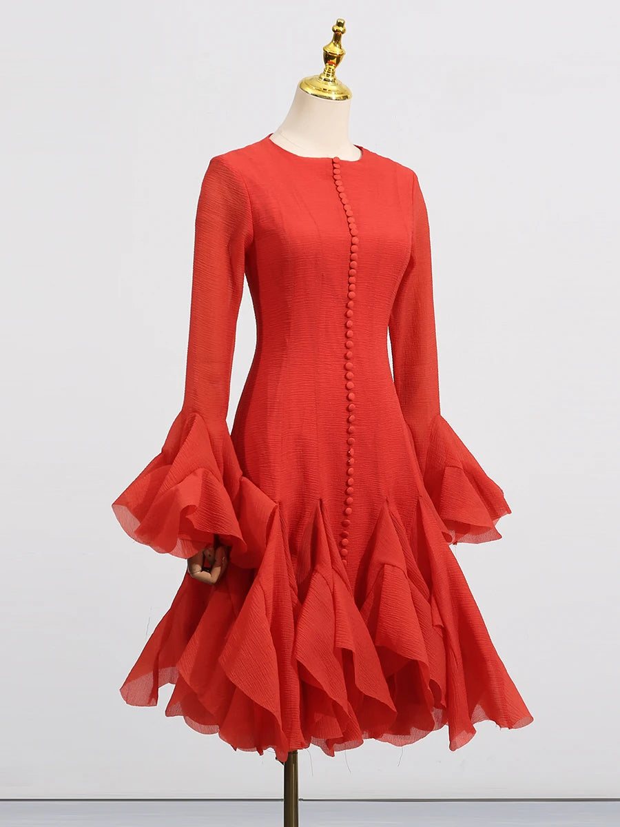 VGH Sweet Ruffles Elegant Knee Length Dresses for Women Round Neck Flare Sleeve High Waist Spliced Button A Line Dress Female
