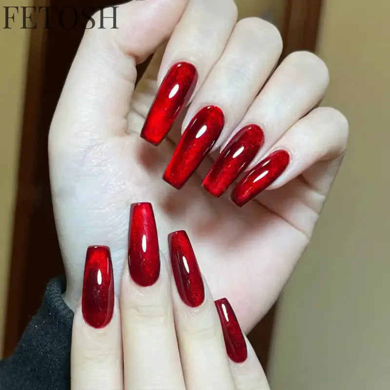 Sparkling Pink Blue Green Gem Cat Eye Nail Art Fashion Glossy Fake Nail Detachable Finished False Nails Press on Nails with Glue