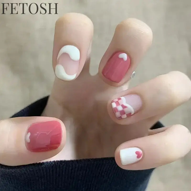 24pcs Short Cute False Nails Polka Dot Star Design Fake Nails Full Coverage Waterproof Removable Artificial Press on Nails