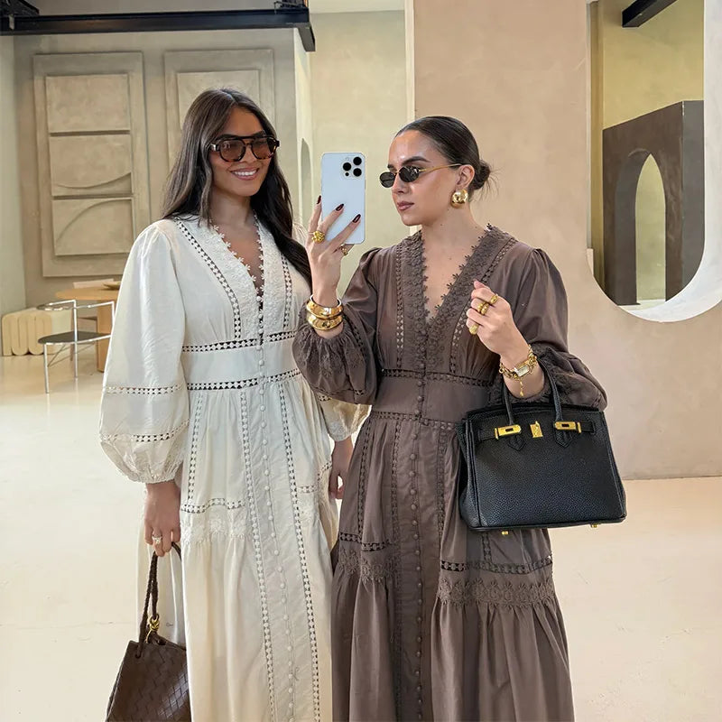 Casual Hollow Out Embroidery Pleated Long Dress Women V-neck Lantern Sleeve Single Breasted Dresses 2025 Summer Lady Chic Robes