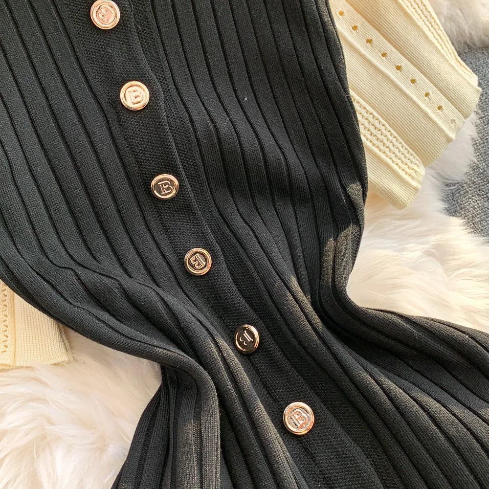 YuooMuoo Women Dress 2025 Spring and Summer Elegant Patchwork One-Piece Knitted Maxi Dress Office Lady Slim Waist Sweater Dress