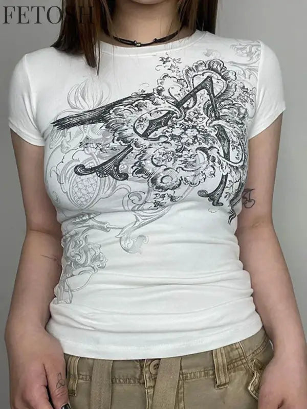 Retro Graphic Crop Top White Short Sleeve O Neck Casual T Shirt for Women y2k Aesthetic Vintage Basic Tees Ladies Clothes