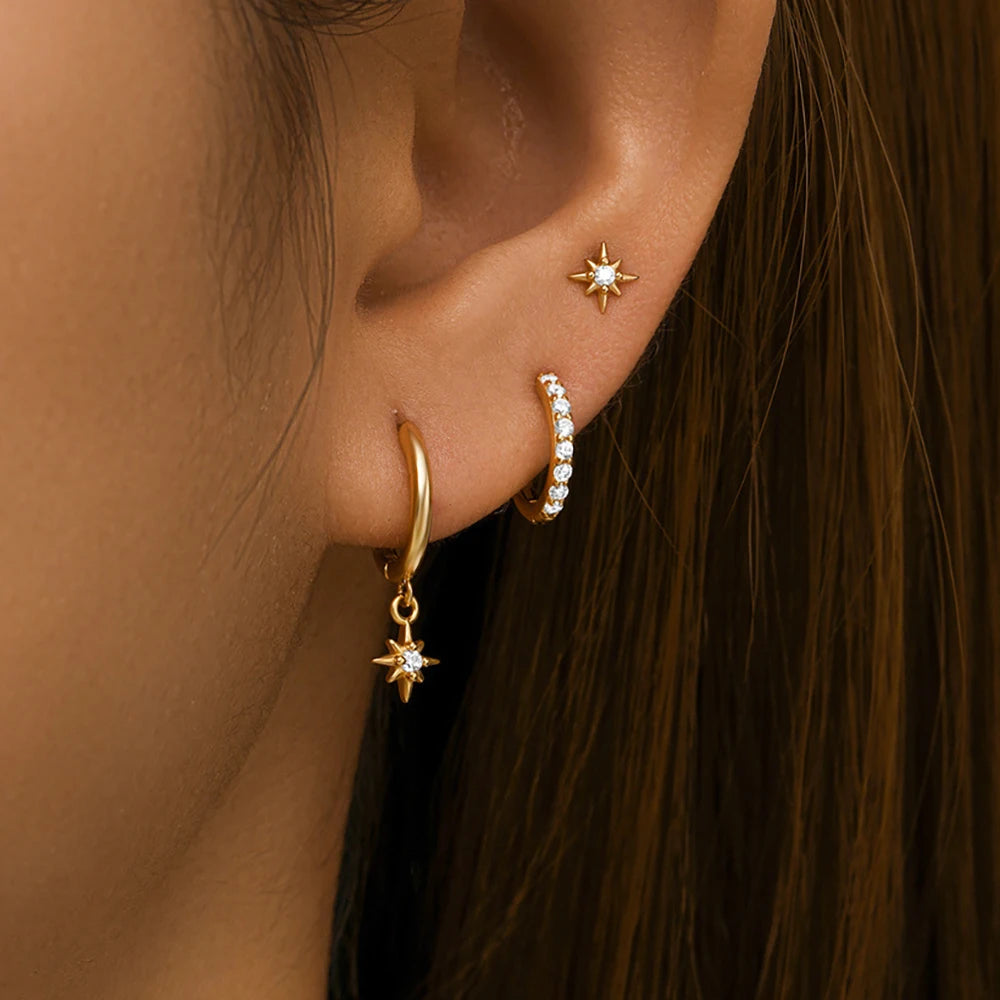 3 Piece Fashion Stainless Steel Round Star Drop Earrings Set for Women 18K Gold Plated Dangle Earring Punk Unisex Rock Jewelry