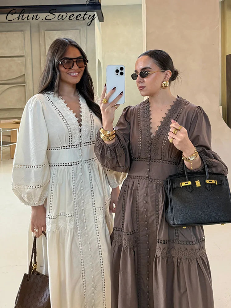 Casual Hollow Out Embroidery Pleated Long Dress Women V-neck Lantern Sleeve Single Breasted Dresses 2025 Summer Lady Chic Robes