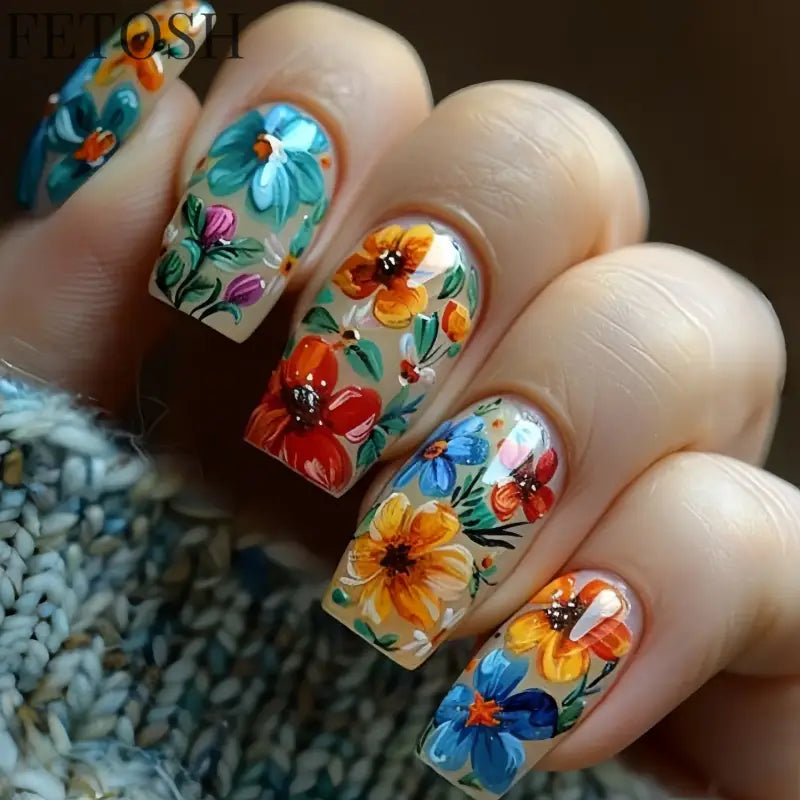 24Pcs Sweet Countryside Flowers False Nails Coffin with Jelly Glue Simple Flower Butterfly French Short Removable Wearable Nails