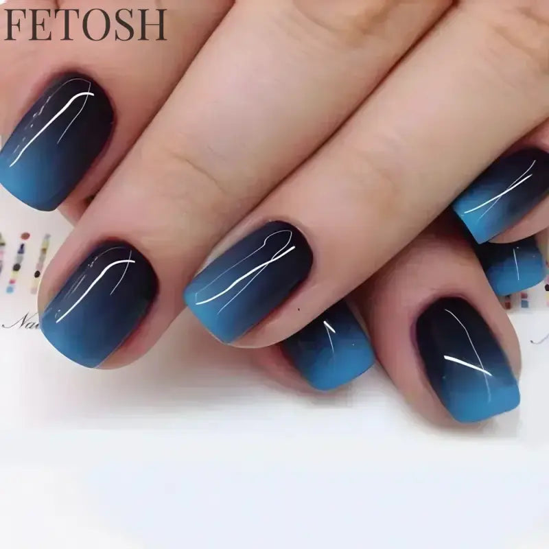 24Pcs Blue False Nails Gradient with French Design Wearable Fake Nails Gradient Short Coffin Full Cover Press on Nail Tips Art