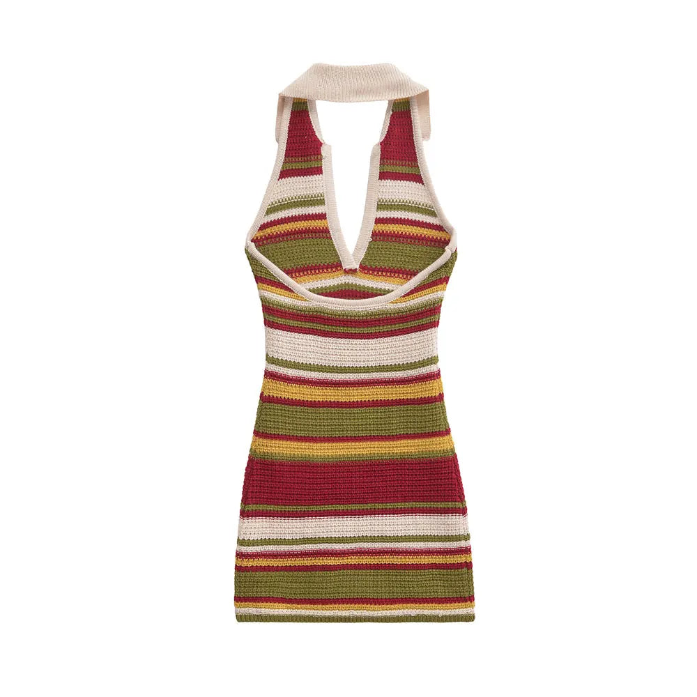 TRZA-Women's Striped Crochet Knit Mini Dress, Backless, Halter Neck, Female Dresses, Sexy Fashion