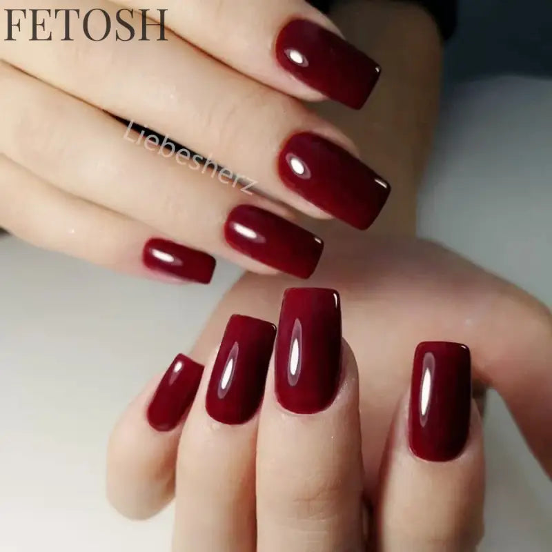 Artificial Press On Fake Nails Glossy Wine Red False Nail Long Square Reusable DIY Lady Fingernail Tip Manicure Tools