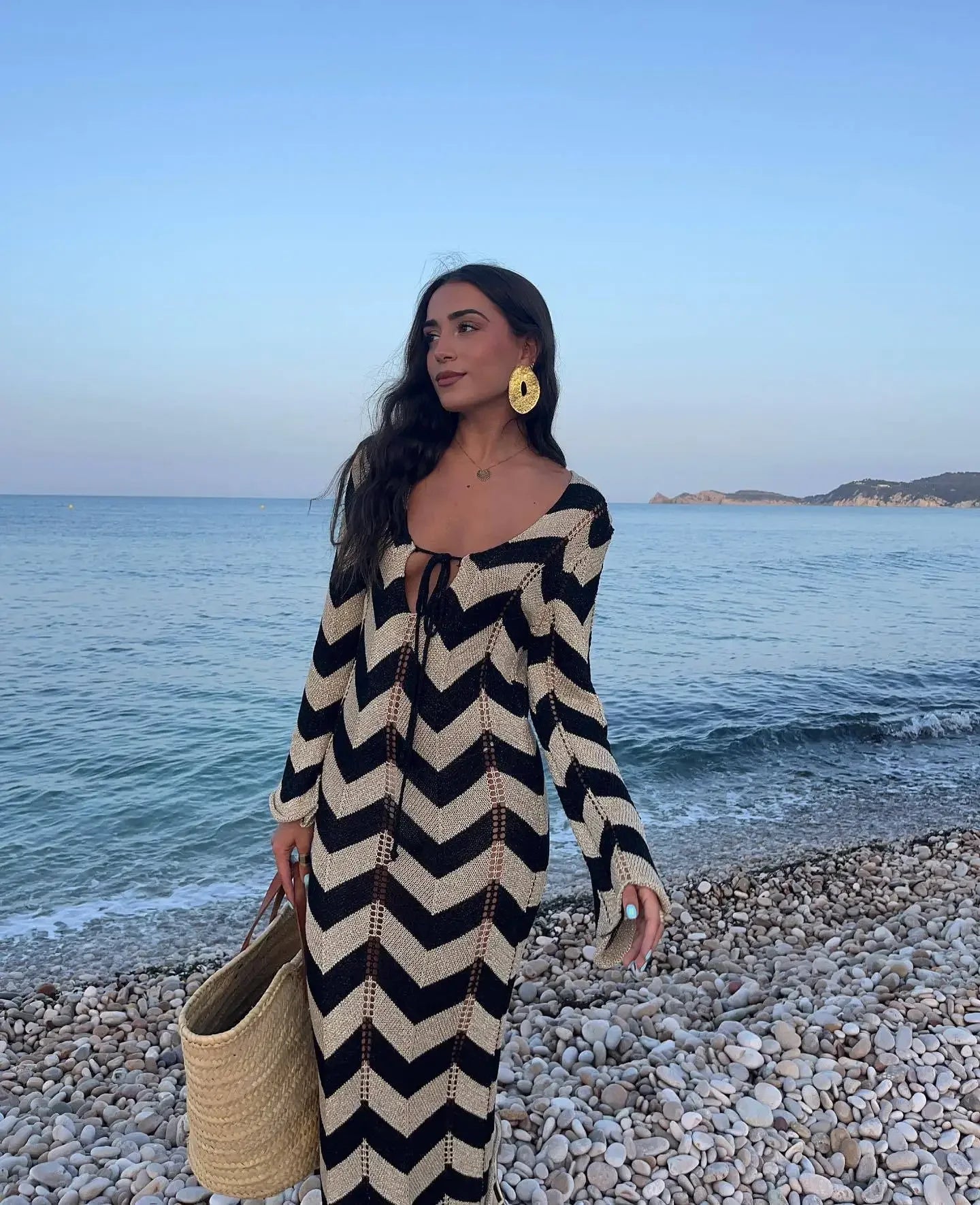 DSMTRC Women's Stripled Long Sleeve Slim Elegant Knitted Maxi Dress V Neck Autumn New Lace Up Hollow Sexy Beach Cover Up Dress