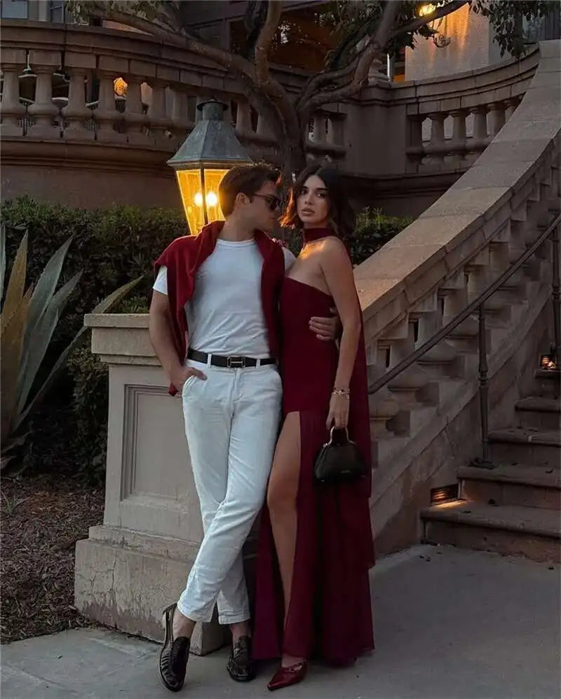 Mozision Elegant Strapless Sexy Maxi Dress For Women Gown With Scarf Off-shoulder Sleeveless Backless Split Beach Long Dress