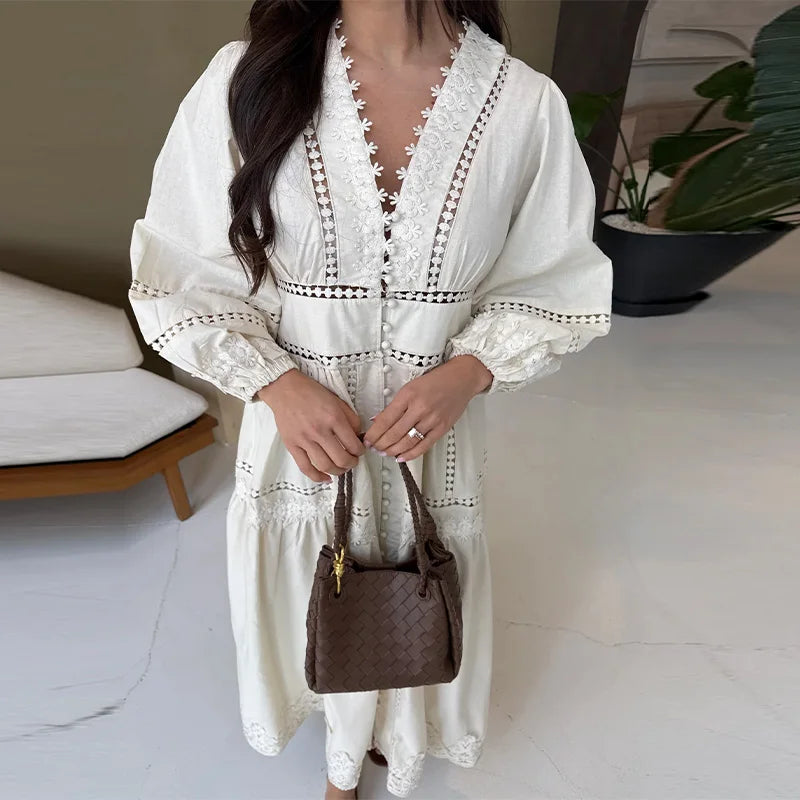 Casual Hollow Out Embroidery Pleated Long Dress Women V-neck Lantern Sleeve Single Breasted Dresses 2025 Summer Lady Chic Robes