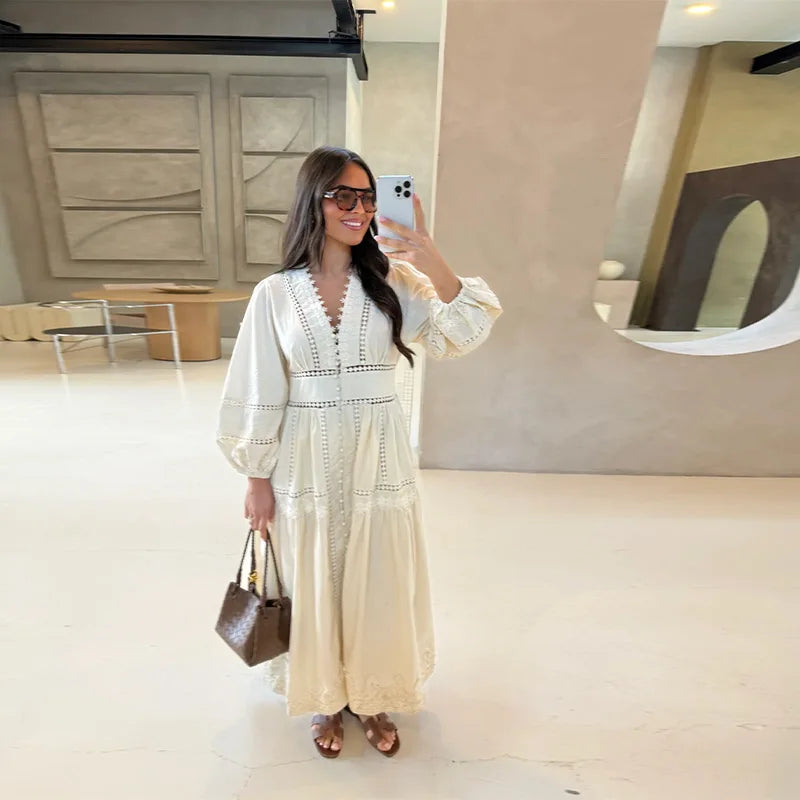 Casual Hollow Out Embroidery Pleated Long Dress Women V-neck Lantern Sleeve Single Breasted Dresses 2025 Summer Lady Chic Robes