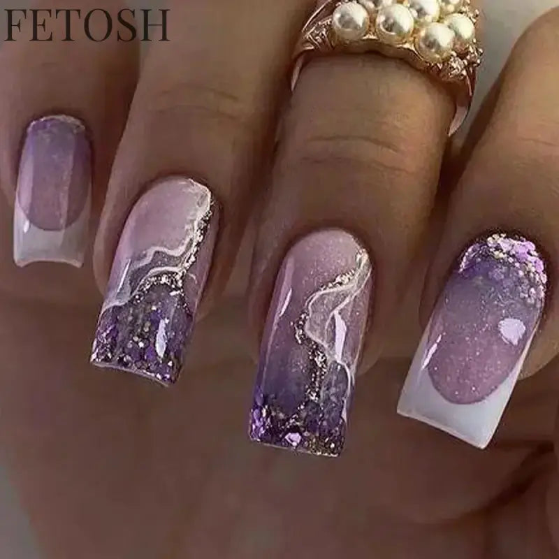 24Pcs Medium Short Square False Nails Glittering Nail Art White Wearable Fake Nail Silver French Full Cover Press on Nail Tips
