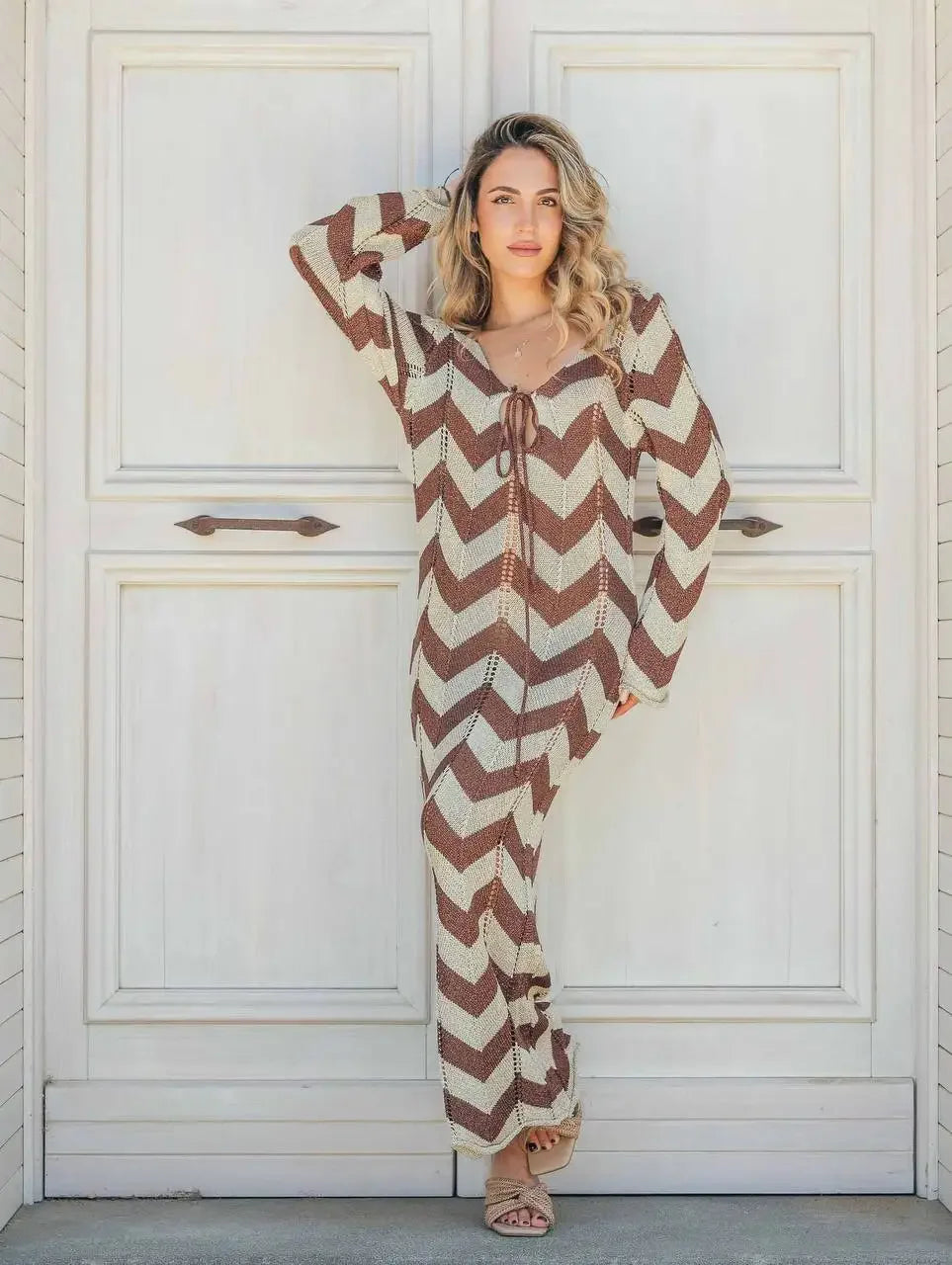 DSMTRC Women's Stripled Long Sleeve Slim Elegant Knitted Maxi Dress V Neck Autumn New Lace Up Hollow Sexy Beach Cover Up Dress