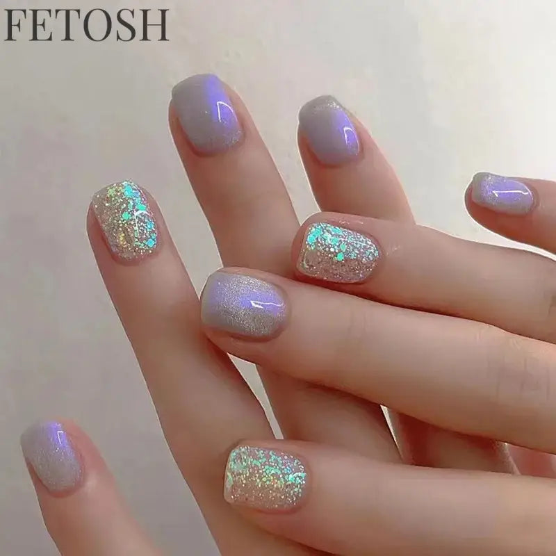 24Pcs Shiny Pearl Wearable False Nails Short Square Fake Nail Simple Summer Press on Nails Detachable Full Cover Nail Tips