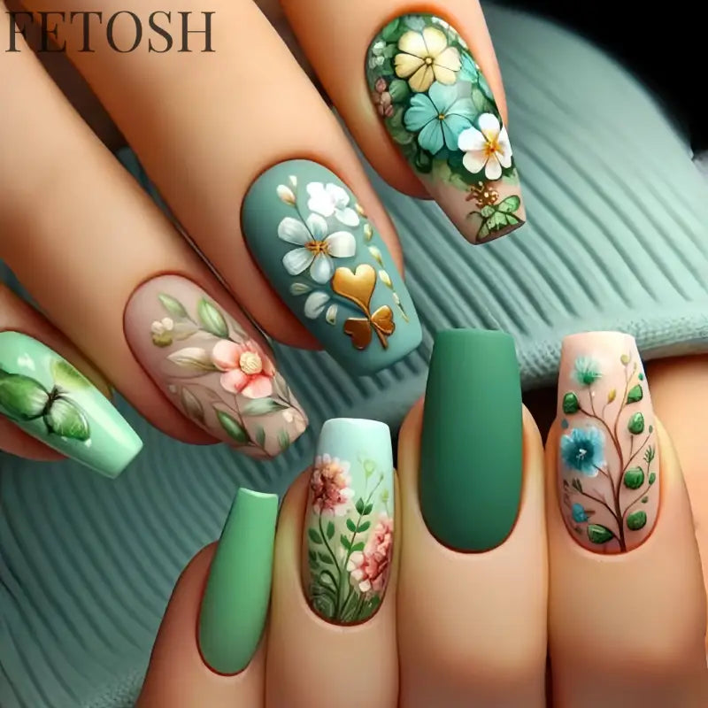 24Pcs Sweet Countryside Flowers False Nails Coffin with Jelly Glue Simple Flower Butterfly French Short Removable Wearable Nails