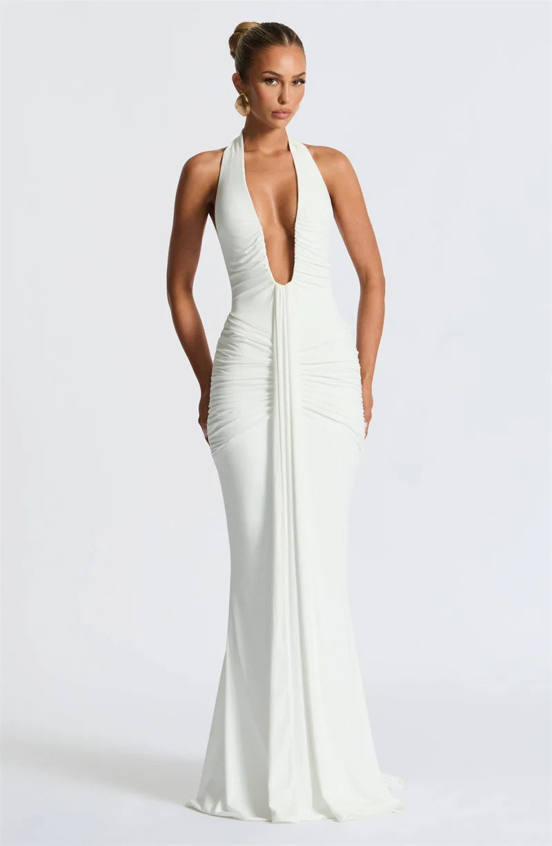 Mozision Deep V Neck Backless Ruched Sexy Maxi Dress Women Gown Summer Halter Sleeveless Draped Club Party Long Dress 2025
