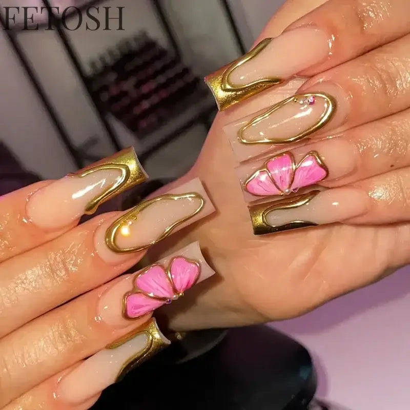 24Pcs 3D Long Ballet False Nails White Coffin Wave with French Design Wearable Fake Nails Gold Line Full Cover Press on Nails