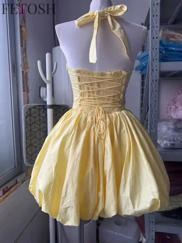 VGH Sexy Temperament Tunic Ball Gown for Women Halter Sleeveless Patchwork Lace Up Short Prom Dresses Female Clothing Fashion