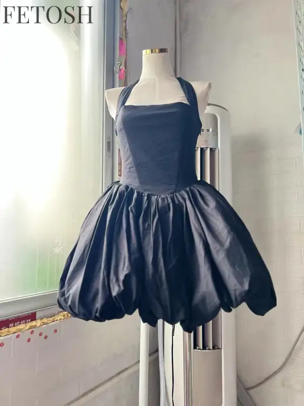 VGH Sexy Temperament Tunic Ball Gown for Women Halter Sleeveless Patchwork Lace Up Short Prom Dresses Female Clothing Fashion