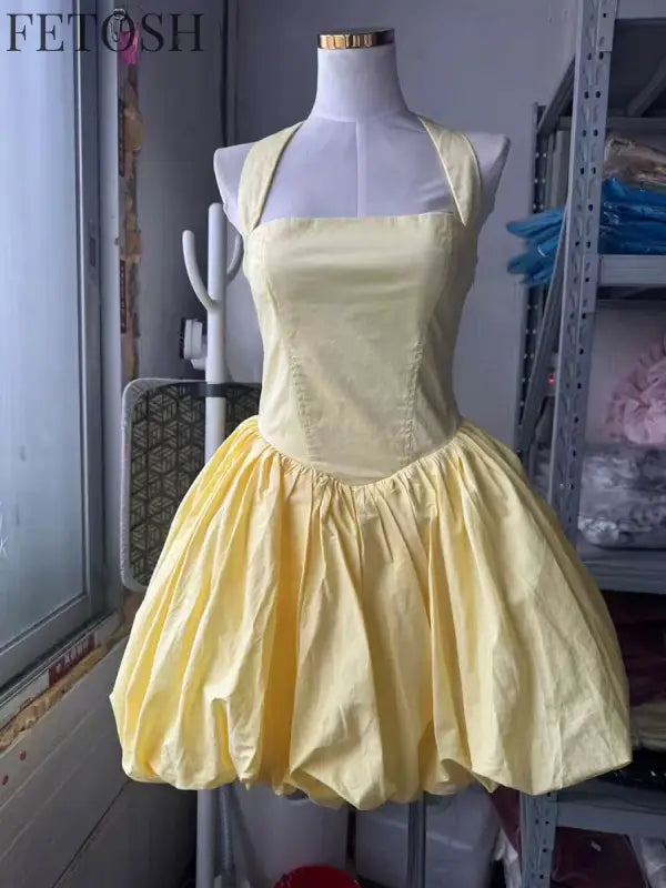 VGH Sexy Temperament Tunic Ball Gown for Women Halter Sleeveless Patchwork Lace Up Short Prom Dresses Female Clothing Fashion