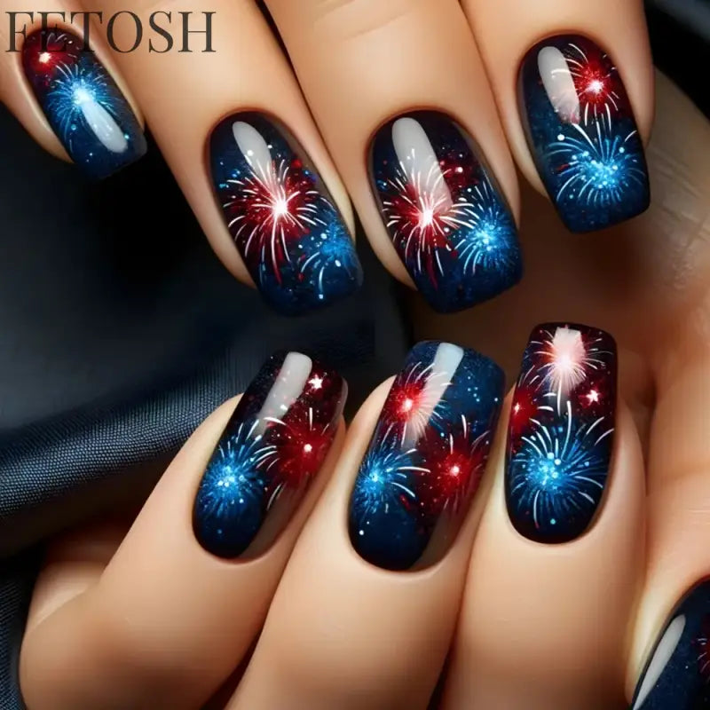 24Pcs Dark Blue Glossy Press on Nails Square False Nail with Glue Color Blending Acrylic Fake Nails Wearable Full Cover Nail Tip
