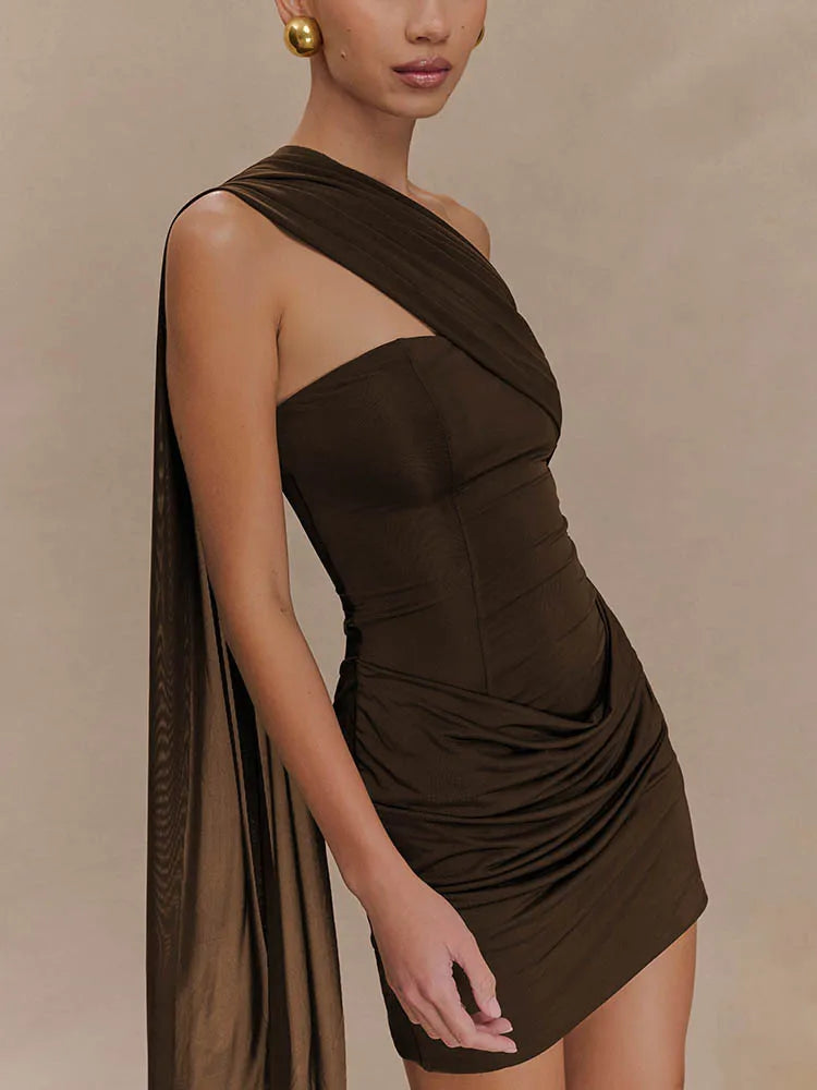Mozision One Shoulder Backless Sexy Mini Dress Women Fashion Off-shoulder Sleeveless Backless Draped Ruched Bodycon Club Dress