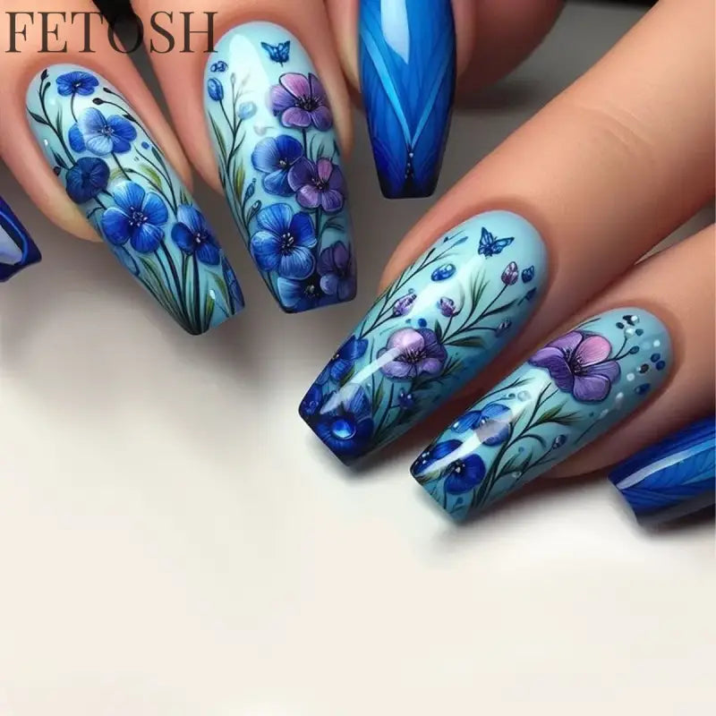 24Pcs Sweet Countryside Flowers False Nails Coffin with Jelly Glue Simple Flower Butterfly French Short Removable Wearable Nails