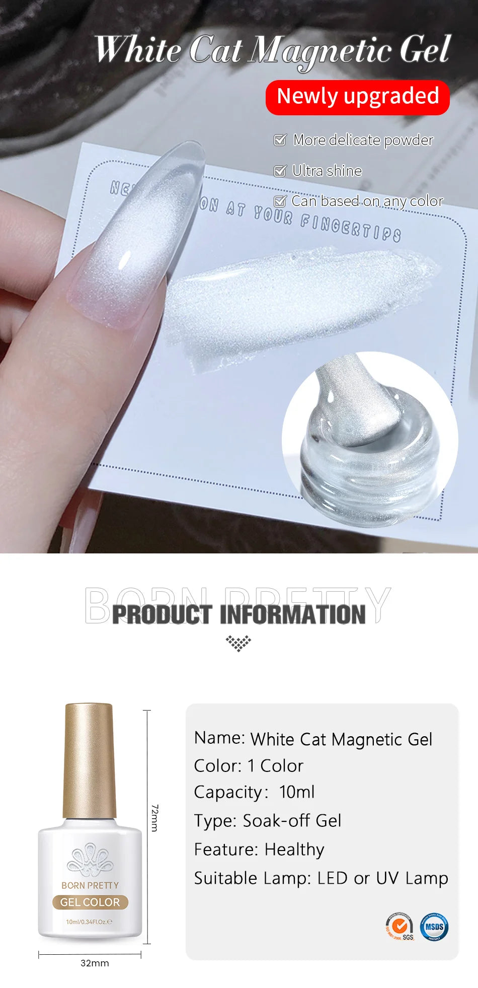 BORN PRETTY 10ml Flow Light White Cat Magnetic Gel Nail Polish Ultra Shine Soak Off UV Gel Mirror Glass Cat Magnet Gel Varnish