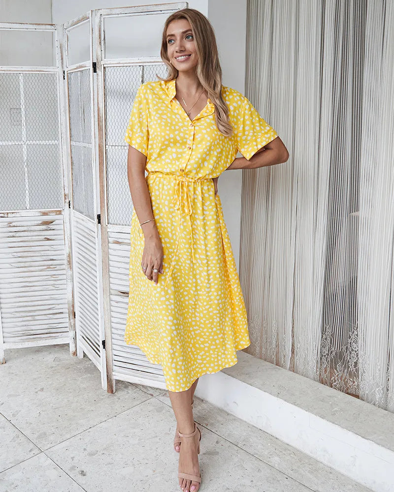 Vintage Floral Print Dress Women Boho Short Sleeve Long Dress Turn Down Collar Casual Waistband Shirt Dresses Robe 2021 Summer