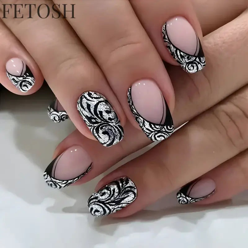 24Pcs Glossy Square Fake Nails Set Gold Powder Full Cover French False Nails Glitter Vintage Press on Acrylic Nail Manicure Tips