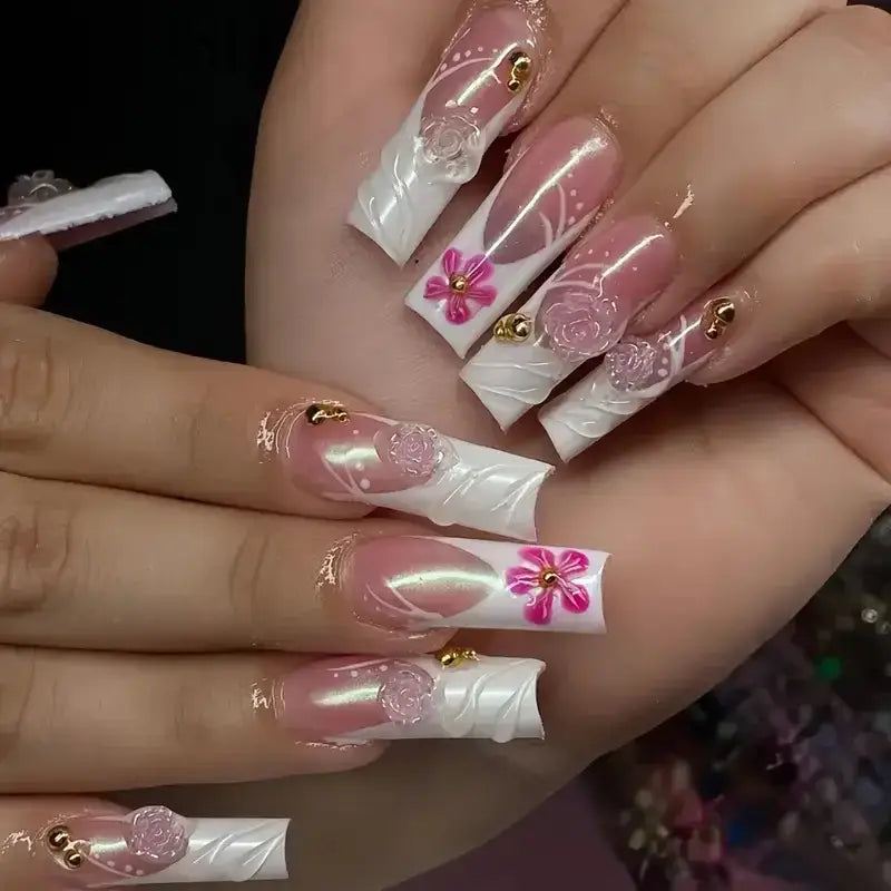 24Pcs 3D Long Ballet False Nails White Coffin Wave with French Design Wearable Fake Nails Gold Line Full Cover Press on Nails