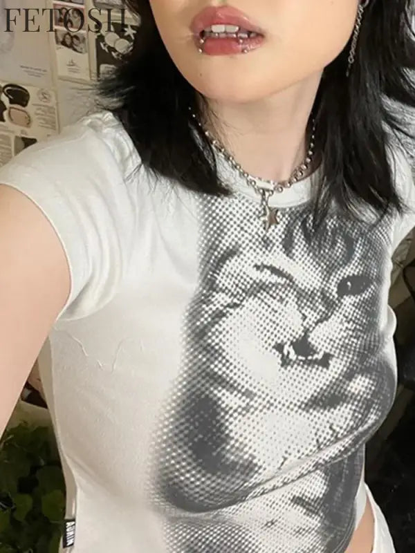 Harajuku Animal Print Crop Top Basic White Short Sleeve Crewneck T-shirt Women Casual Slim-fitting Tees Lady y2k Vintage