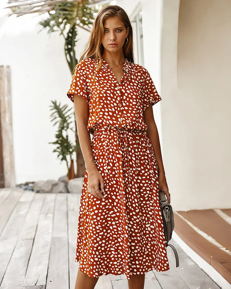 Vintage Floral Print Dress Women Boho Short Sleeve Long Dress Turn Down Collar Casual Waistband Shirt Dresses Robe 2021 Summer