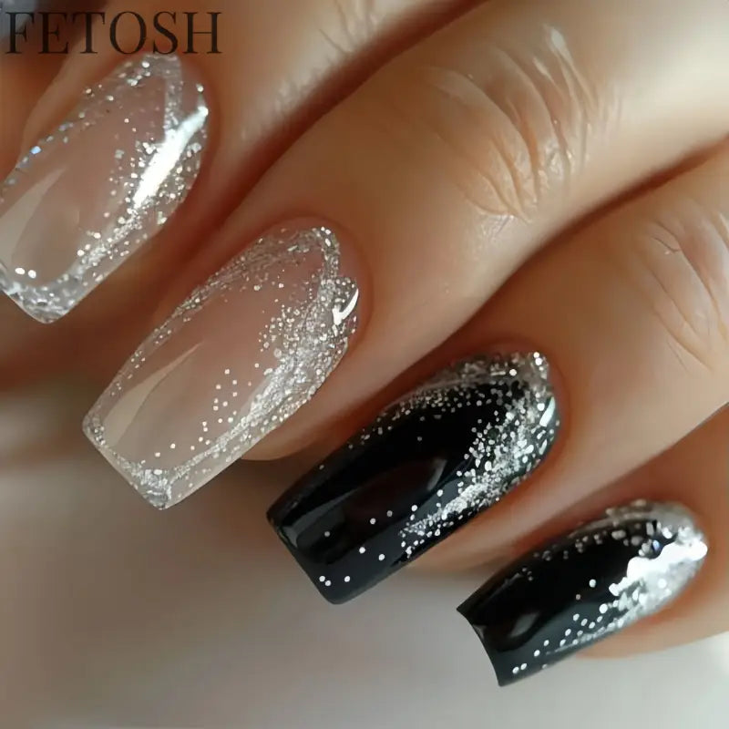 24Pcs Glossy Square Fake Nails Set Gold Powder Full Cover French False Nails Glitter Vintage Press on Acrylic Nail Manicure Tips