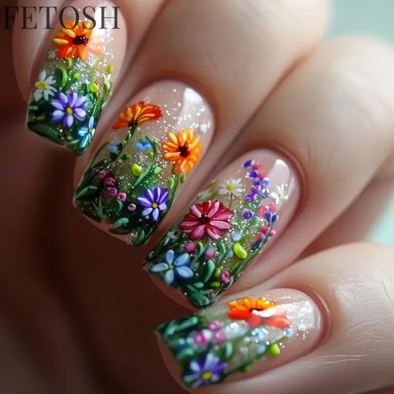 24Pcs Sweet Countryside Flowers False Nails Coffin with Jelly Glue Simple Flower Butterfly French Short Removable Wearable Nails
